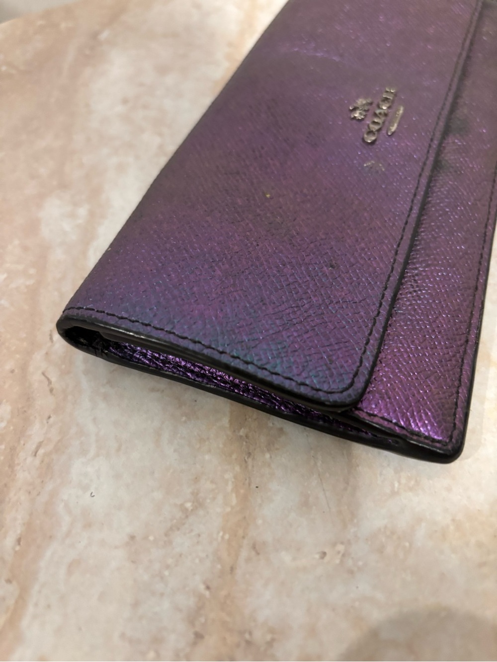 COACH Metallic oil slick Purple Leather long continental fold over snap Wallet - Picture 4 of 12